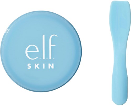 En blå beholder merket 'e.l.f. SKIN' og et blått spatulat verktøy ved siden av.