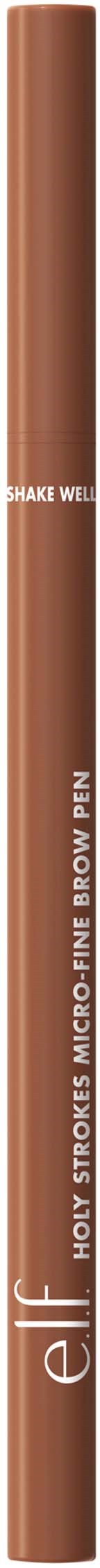 En brun ögonbrynspenna med lock, märkt 'e.l.f.' och 'Holy Strokes Micro Fine Brow Pencil'.