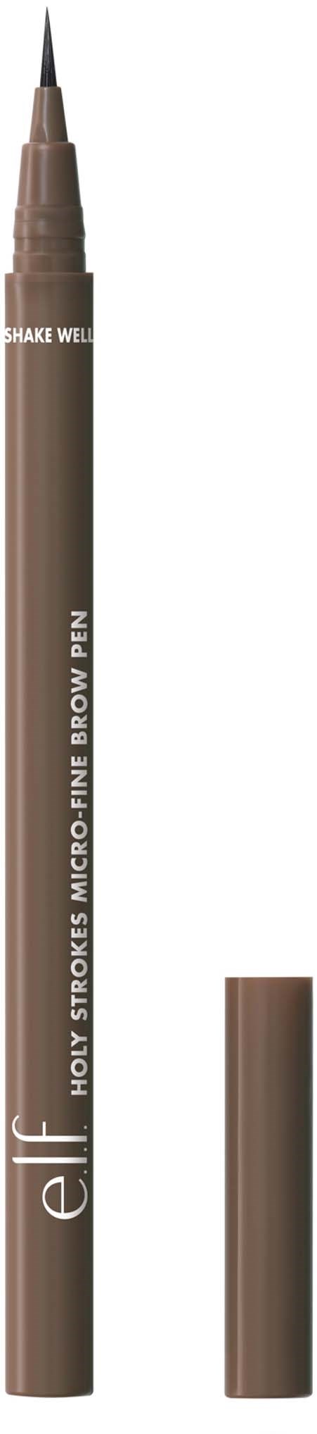 Ett brunt ögonbrynspennapaket med spets och lock, märkt 'elf' och 'Holi Strokes Micro-Tip Liner Brown'.