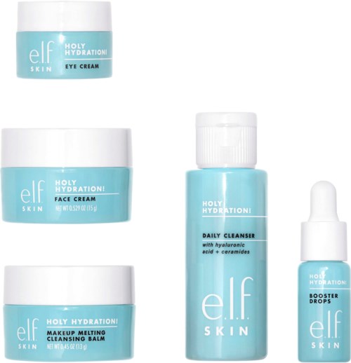 Collection of elf skincare products including eye cream, face cream, cleansing liquid, makeup balm, and booster drops.