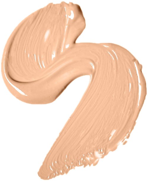 Kermaisen beige meikkinäyte valkoisella taustalla. Saumaton rakenne näkyvillä töhrimillä. Muodoltaan kaksi.