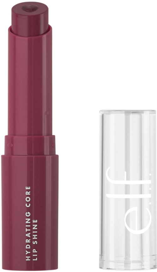 A pink lip balm tube with a transparent cap, labeled 'HYDRATING CORE LIP STAIN.'
