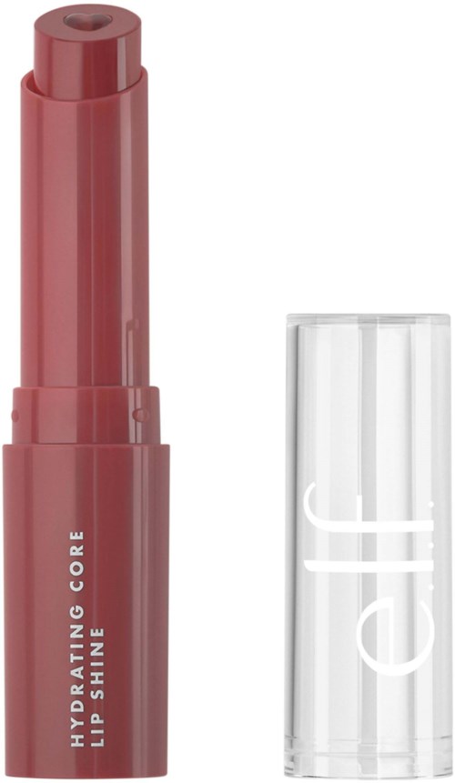 A pink lip gloss tube with white text and a clear cap showing the gloss inside.