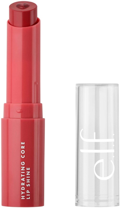 A pink lip balm with a clear cap and white text that says 'HYDRATING CORE LIP SHINE' on it.