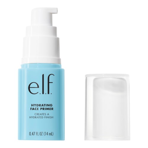 En blå flaska med elf hydrating face primer med en vit pump och ett lock bredvid.
