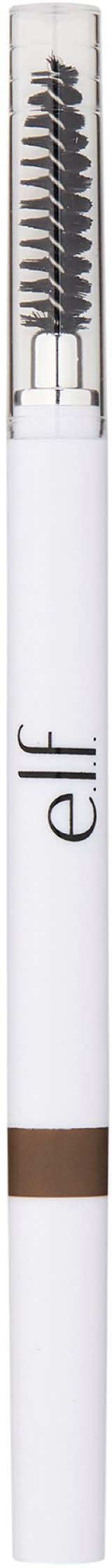 A white eyebrow pencil with a spoolie brush and the brand name "e.l.f." on the handle.