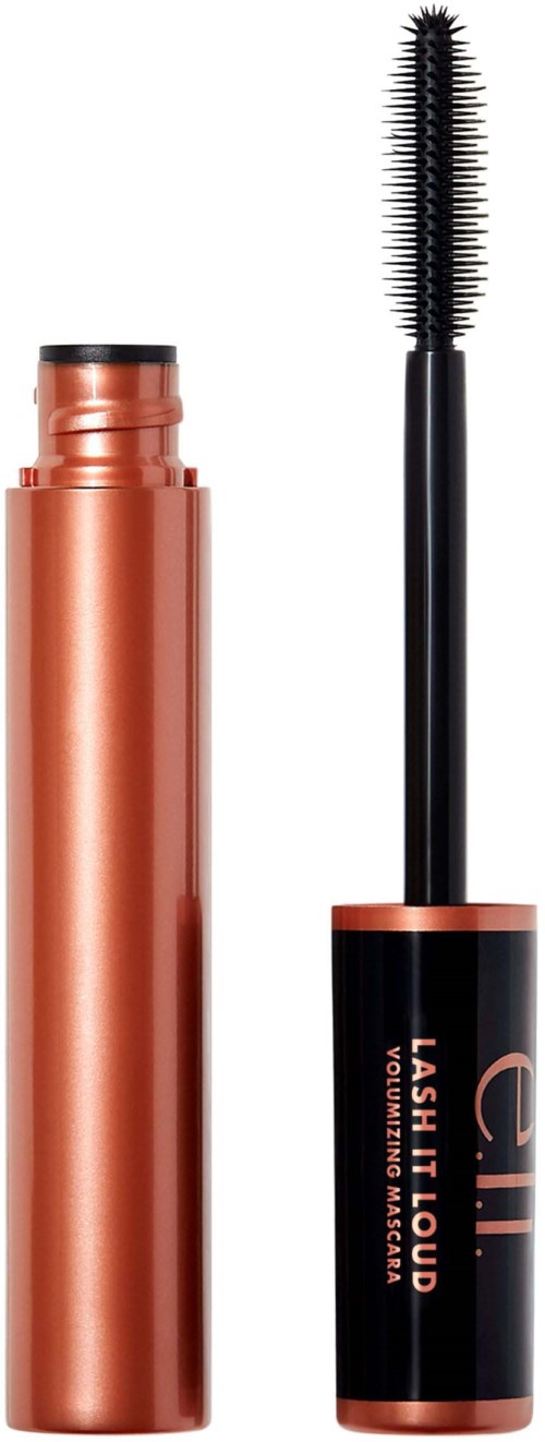 En mascara-tdose med børste, svart og kobberfarget, merket 'LASH LIQUID' og 'VOLUME & LENGTH', vises.