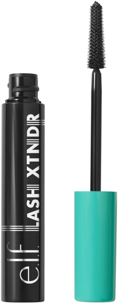 En svart mascara-omslag med en turkos lock och en borste med svart mascara.