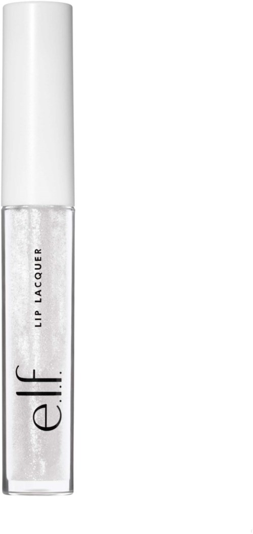 En tydlig läppglansrör med vit lock och svart text, märkt 'elf Lip Lacquer.'