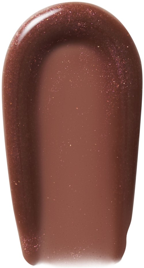 Kiiltävä ruskea kynsilakka, jossa on hienovarainen glitter ja pyöreä muoto.