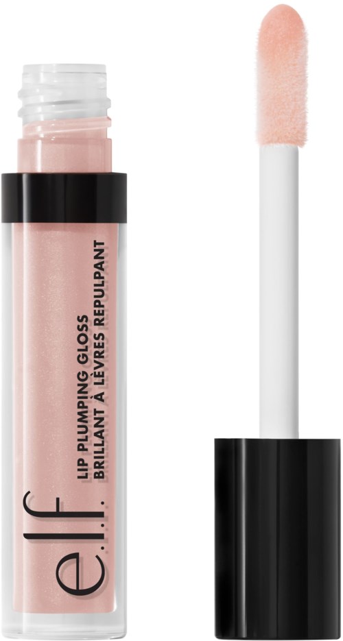 En leppe-glansbeholder med rosa gloss og en hvit applikatorpinne.
