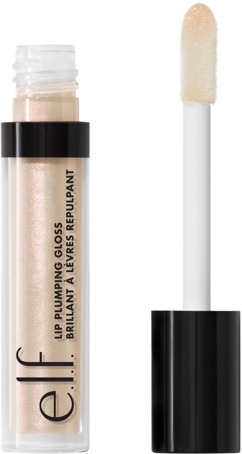 Leppglansrør med svart og gjennomsiktig emballasje, hvit applikatorstang, skinnende lysfarget gloss inni.