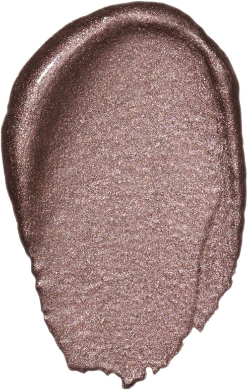 En provbit av skimrande, ljusbrun ögonskugga med slät textur och lätt glitter.