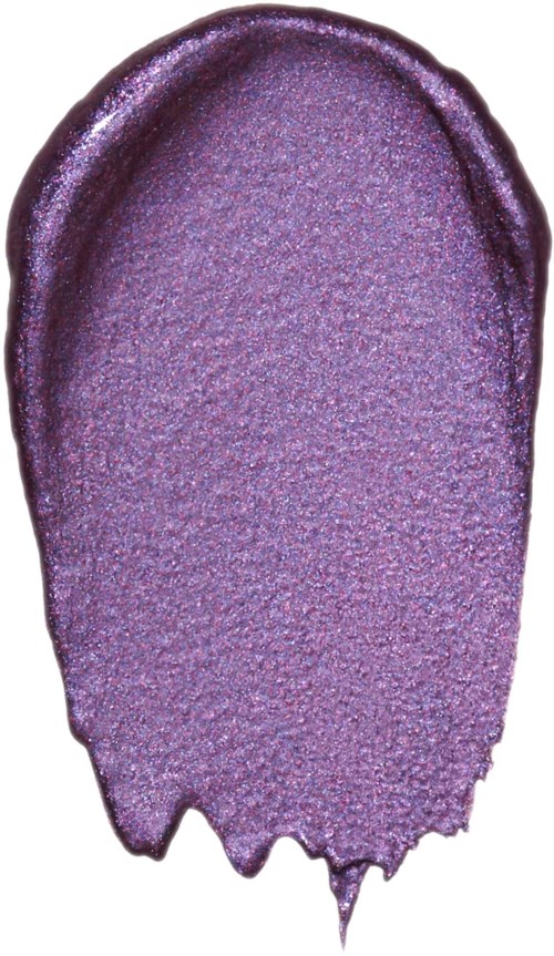 Lila ögonskugga med glittrig, texturerad yta och rund form. Det verkar vara ett sminkprov.