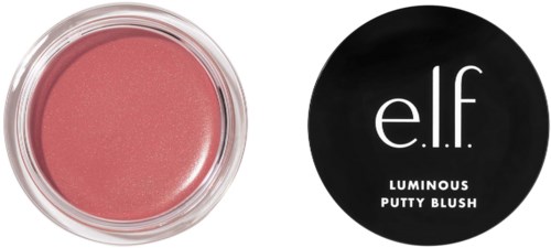 Vaaleanpunainen poskipuna läpinäkyvässä astiassa mustalla kannella, jossa lukee 'elf Luminous Putty Blush'.