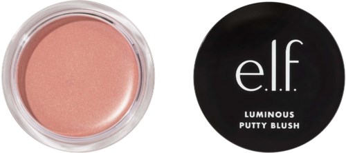 Persikanvärinen puutäytelainen poskipuna läpinäkyvässä astiassa, mustassa kannessa 'e.l.f. Luminous Putty Blush.'