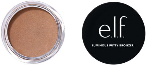 En liten rund behållare med bronsskimrande kräm och svart lock med texten "e.l.f. Luminous Putty Bronzer."