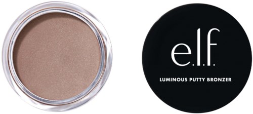 En liten behållare med skimrande bronssmakande sminkprodukt och ett svart lock med texten 'e.l.f. Luminous Putty Bronzer'.