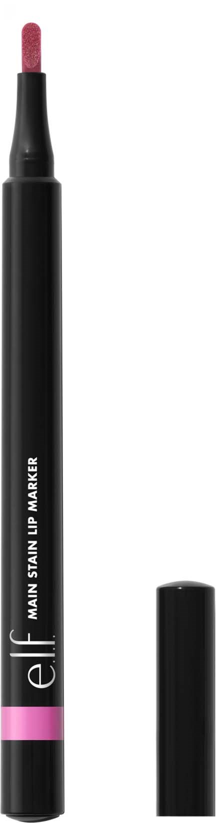 En rosa läpppenna med svart kropp och lock, märkt elf main stain lip marker.