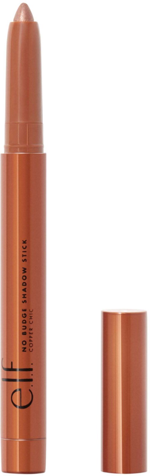 A peach-colored, crayon-like makeup product with a label reading "elf No Budge Shadow Stick" and a matching cap.