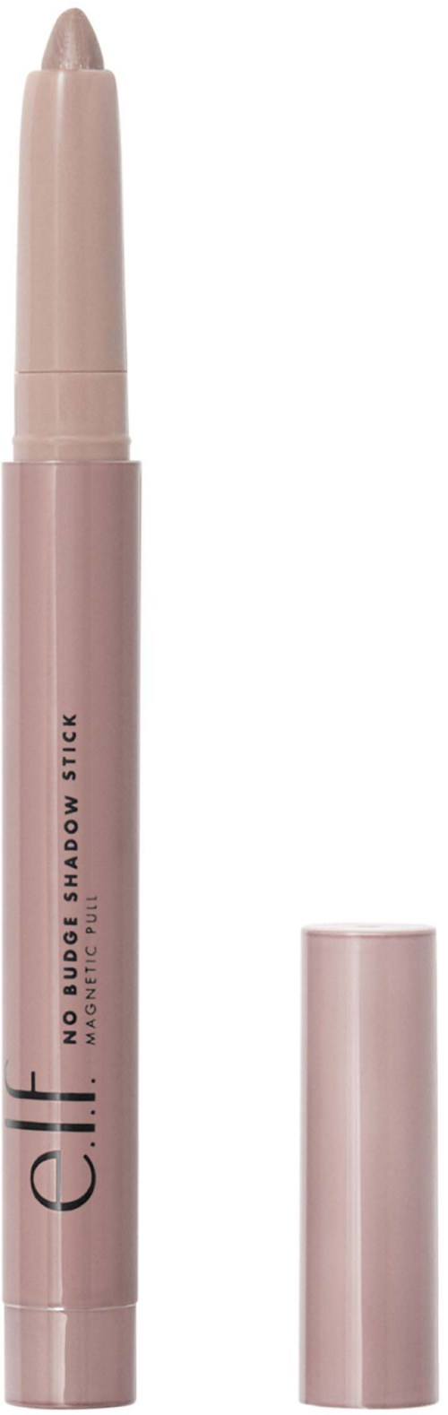 A pink crayon-like lip liner tool with a cap, labeled 'Elf No Budge Shadow Stick' and 'lip color.'