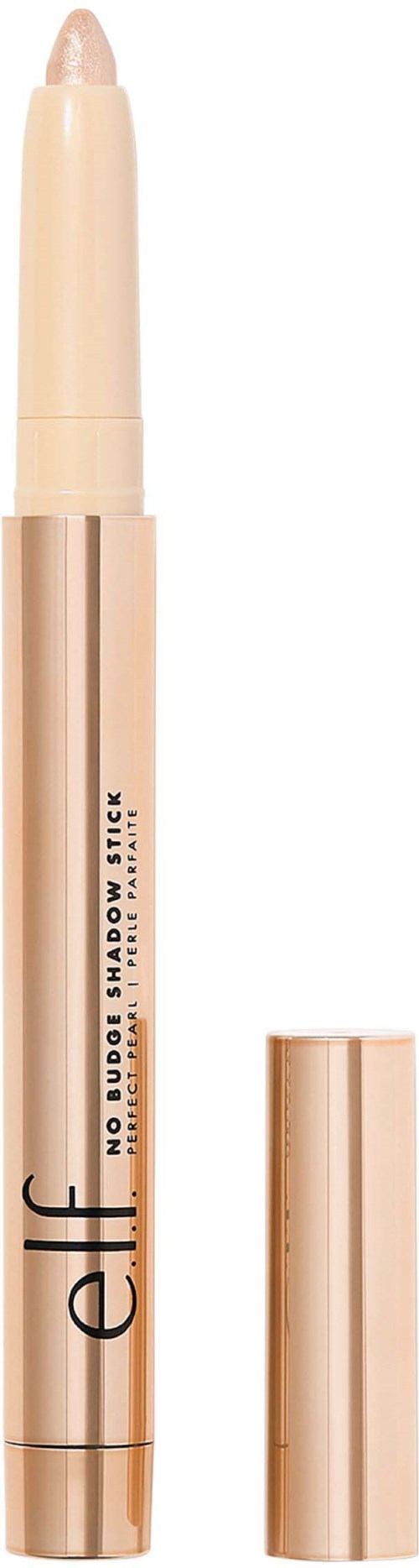 A beige makeup stick with a gold-colored cap, labeled 'elf,' likely a highlighter or concealer.