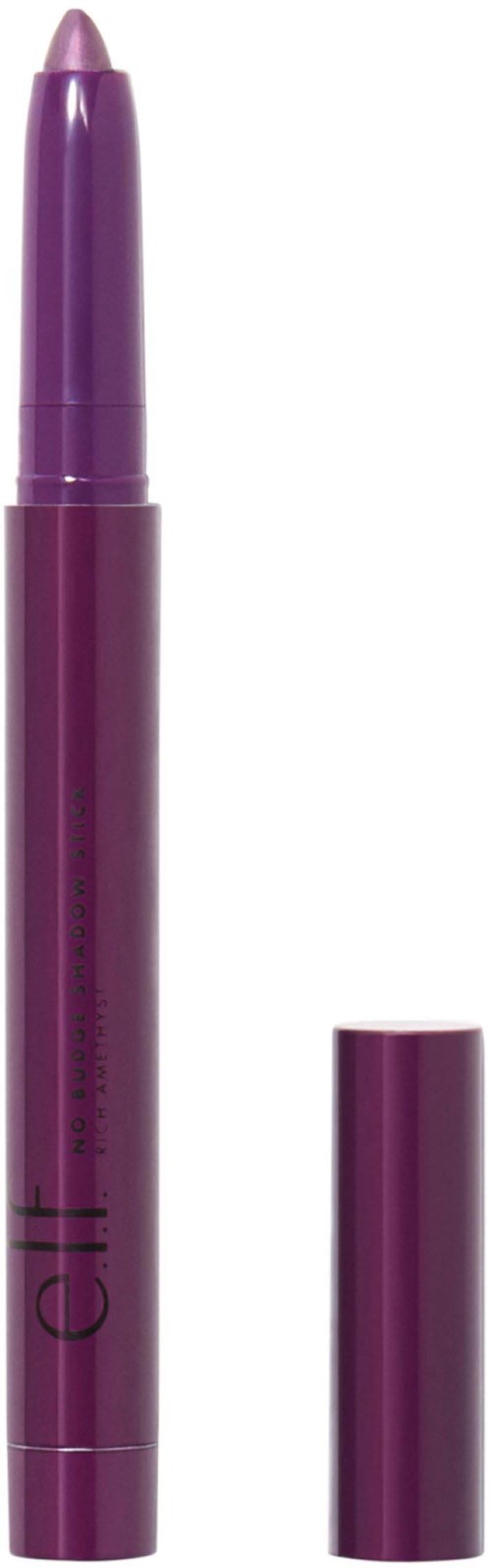 A purple eyeliner pencil with its cap removed, revealing the tip, placed vertically.