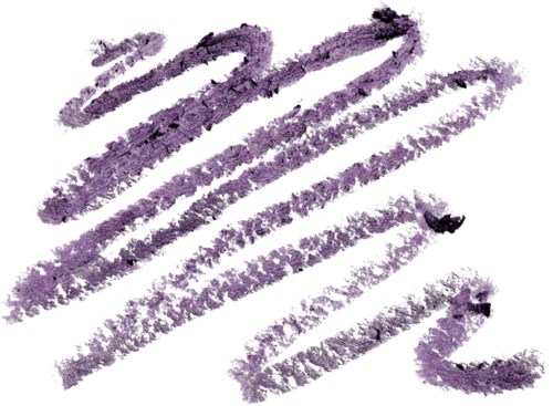 Purple lipstick swatch with several splotches and streaks on white background.