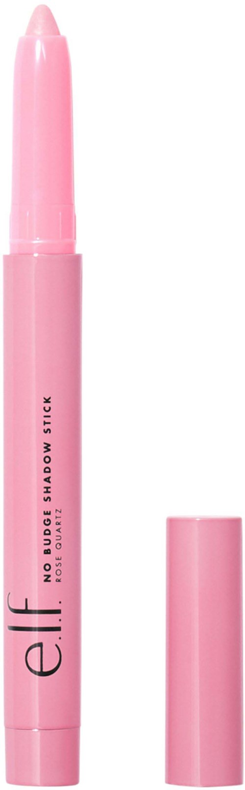 A pink makeup stick with a cap, labeled 'elf' and 'No Budge! Shadow Stick,' designed for eye shadow.