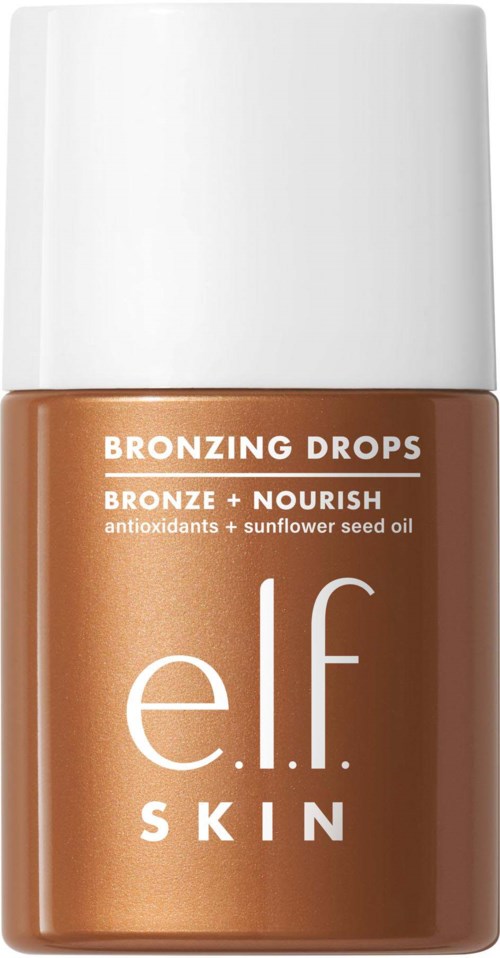 En flaska av E.L.F. skin bronzing drops, märkt för solbränna och näring, med solrosfröolja och antioxidanter.