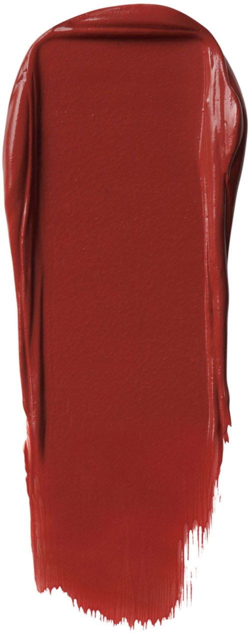 A long red lipstick swipe on a white background, shiny and smooth.