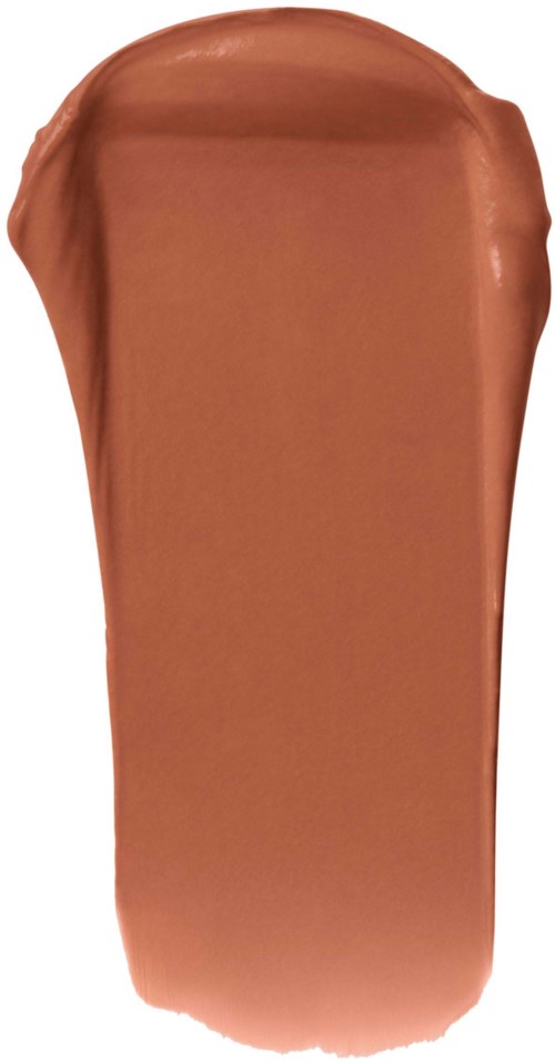 En sminkprov av ett choklbrunt läppstift på hud, som visar dess struktur och färg.