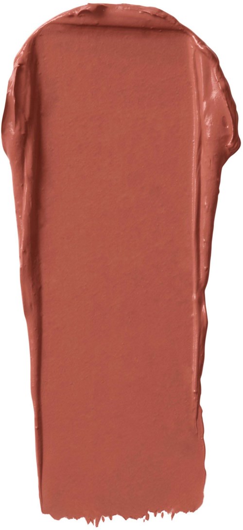 En test av matt läppstift i beigemousse med en jämn, slät yta. Den har en mjuk, rosa-brun färg.