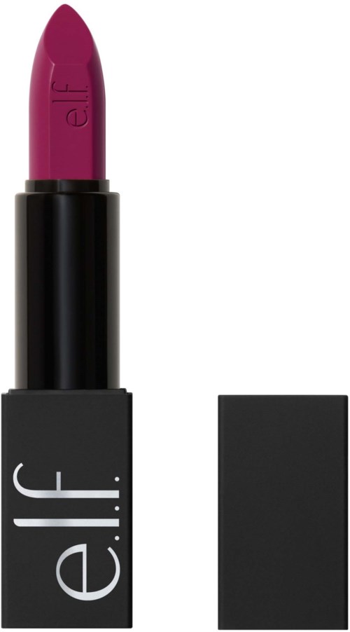 Bright pink lipstick in a mainly black case with brand name e.l.f. on it.