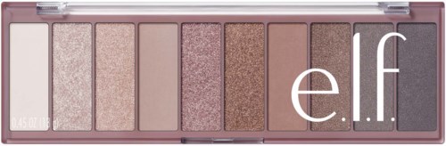 En rosa øyeskyggepalett med åtte forskjellige nyanser, inkludert glitter og matte, og merkevaren elf.