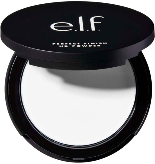 Liten sminkpuderdosa med spegel, svart lock med 'e.l.f.' och vitt puder inuti.