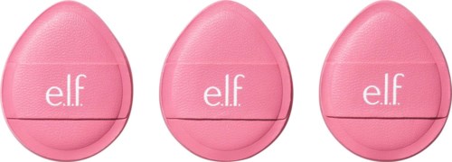 Tre rosa sminksvampar med 'e.l.f'-logga, placerade horisontellt på vit bakgrund.
