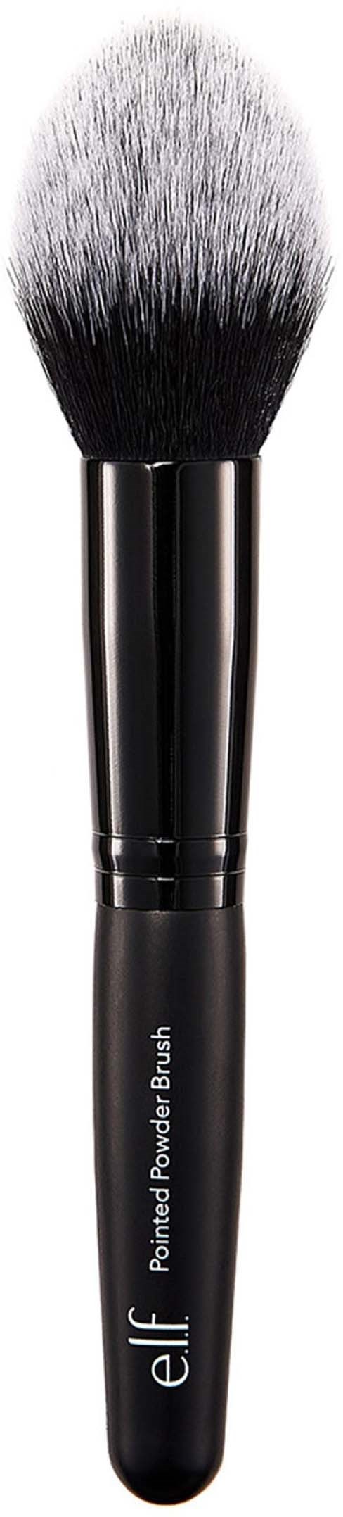 A black and white makeup brush with soft, fluffy bristles. Handle says "elf" and "Pointed Powder Brush."