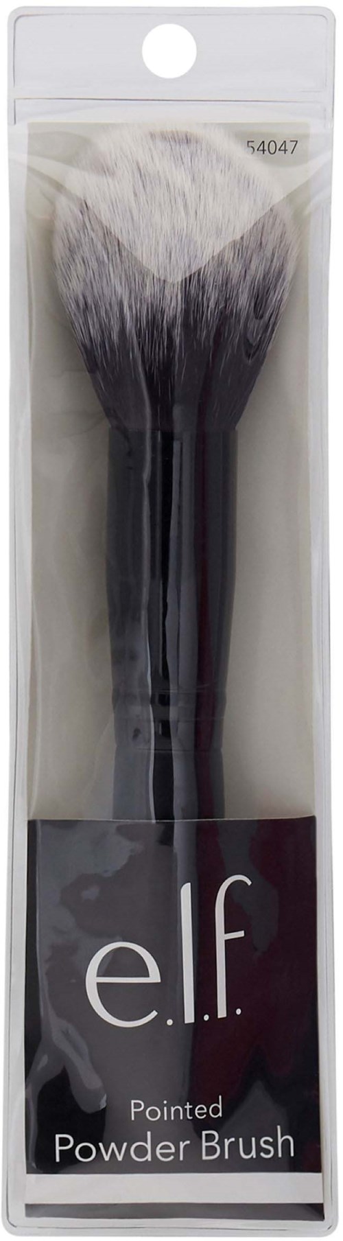 Cleaning brush with black and white bristles, labeled as elf pointed powder brush in packaging.