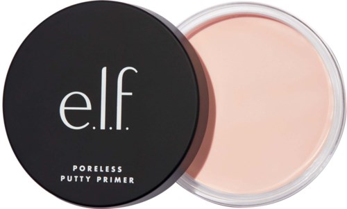 En rund svart behållare med ett genomskinligt lock, märkt 'e.l.f', innehåller en rosa porfri primer.