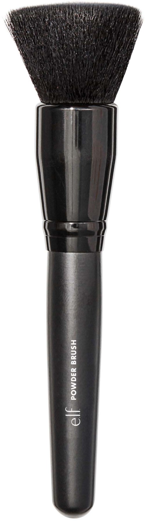 A black makeup brush with soft bristles and a shiny handle, labeled 'e.l.f. Power Brush.'