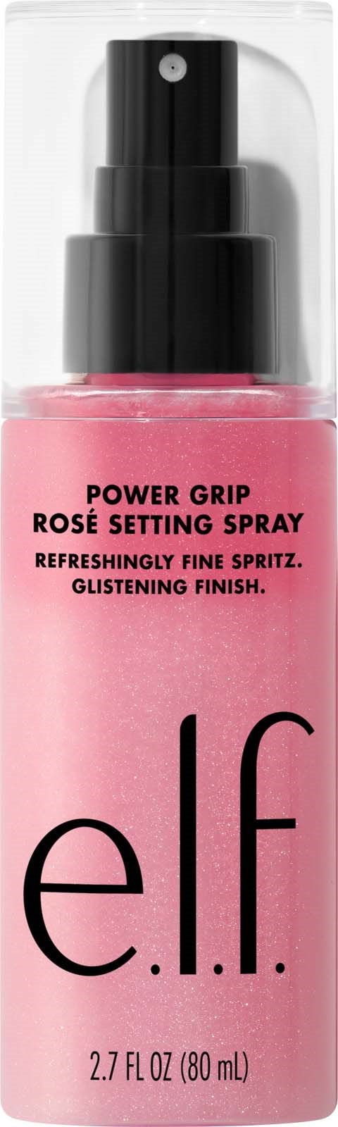 Pinkki sumutinpullo, merkintä e.l.f. Power Grip Rose Setting Spray, raikastaa ihoa hienolla ruusun tuoksulla.