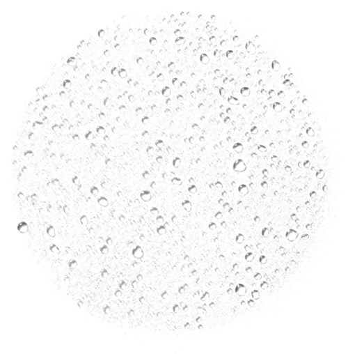 En cirkel fylld med många små vattendroppar eller bubblor på en vit bakgrund.