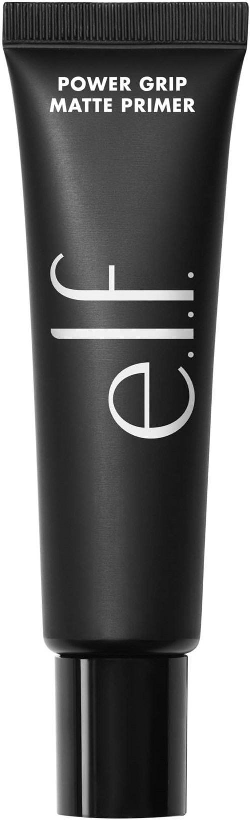 En svart tub med e.l.f. Power Grip Matte Primer, vit text och svart lock.