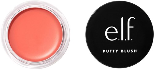 Pieni pyöreä rasia persikanväriselle poskipunalle ja musta kansi, jossa lukee 'e.l.f. Putty Blush'.