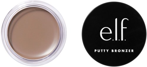 En liten rund behållare med beige putty-bronzer och ett svart lock med vitt text 'e.l.f. PUTTY BRONZER'.