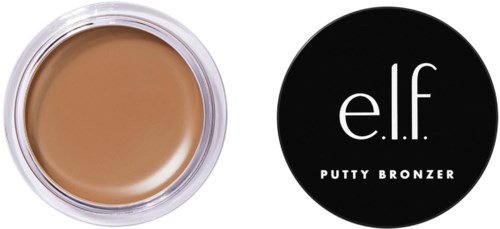 En liten rund behållare med brunt kosmetik, med ett svart lock som visar texten 'e.l.f. PUTTY BRONZER'.