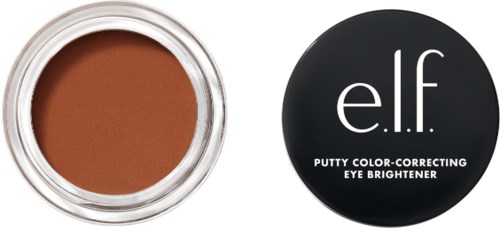 Pieni purkki ruskeaa silmänhoitoainetta ja musta kansi, jossa lukee 'e.l.f. Putty Color-Correcting Eye Brightener.'