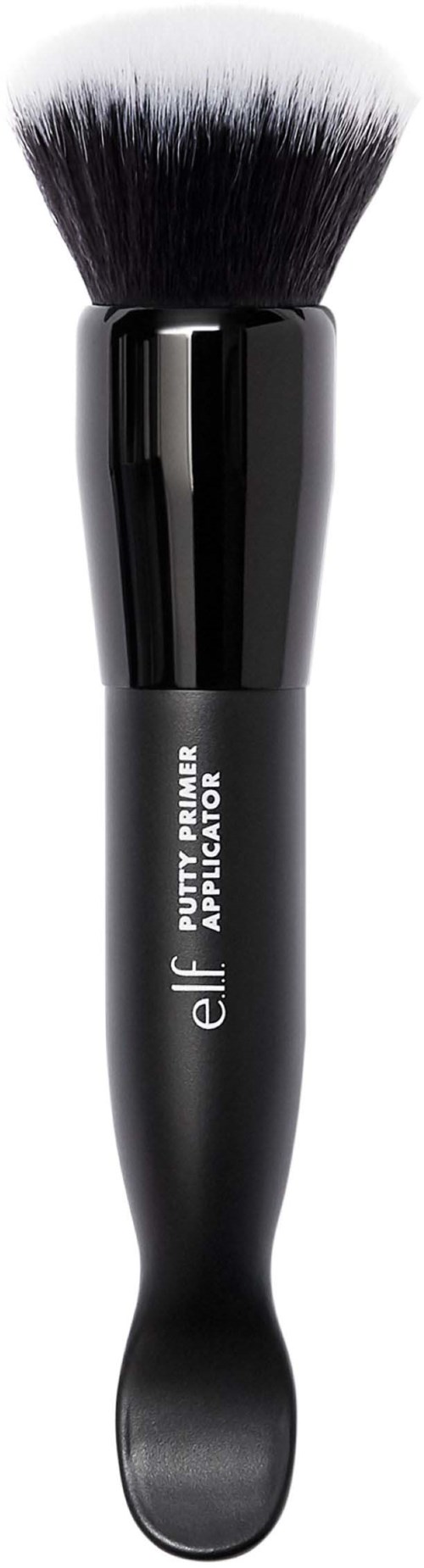 A black makeup brush with dense bristles and a sleek handle, labeled 'elf PORELESS PUTTY PRIMER APPLICATOR'.