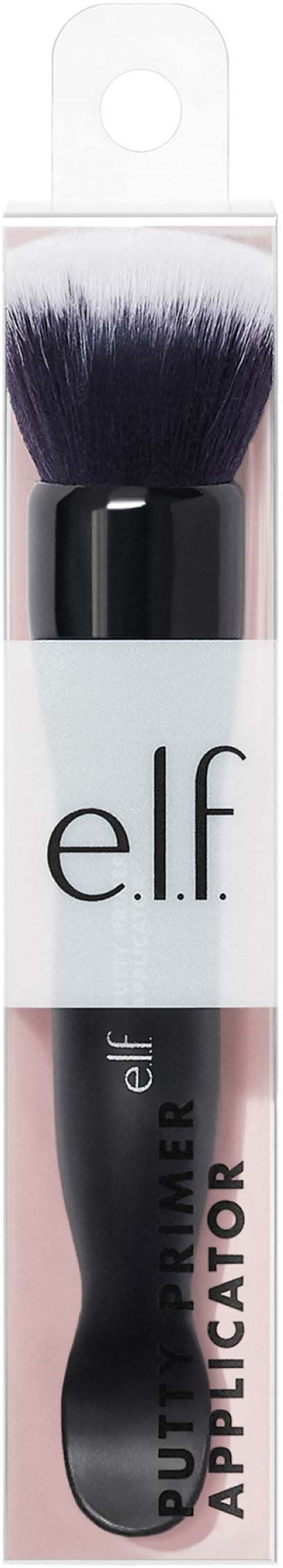 A makeup brush with black and purple bristles, in packaging with the brand 'e.l.f.' and the words 'Putty Primer Applicator.'